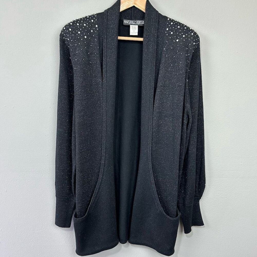 Vtg Marshall Rousso Rhinestone Cardigan Sweater Sz L Black Bishop Sleeve Pockets